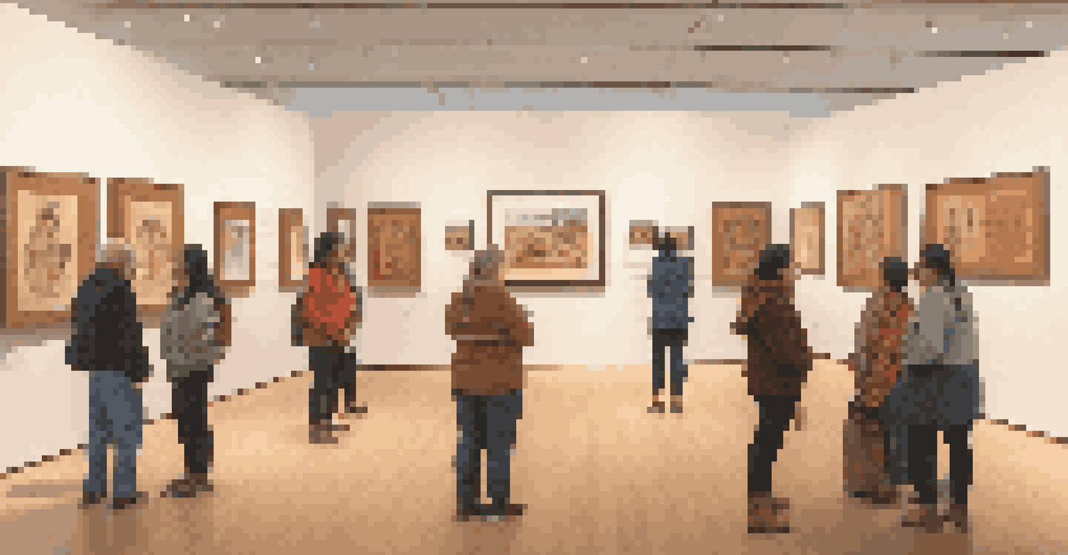 A gallery featuring Indigenous art with visitors listening to a cultural ambassador.