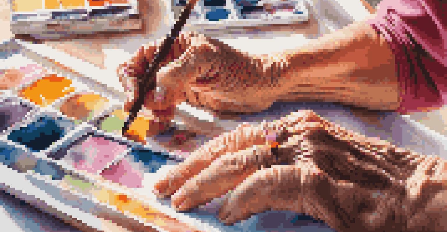 Close-up of a senior woman's hands painting on a canvas with a colorful palette.