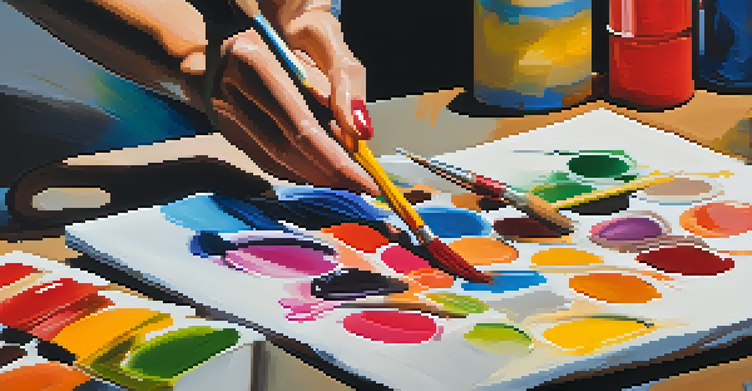 An artist's hand painting an abstract canvas with bright colors and brushes nearby, illuminated by warm light.
