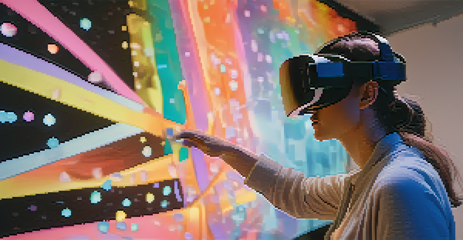 An artist sculpting in a virtual reality environment, surrounded by abstract shapes and dynamic colors.
