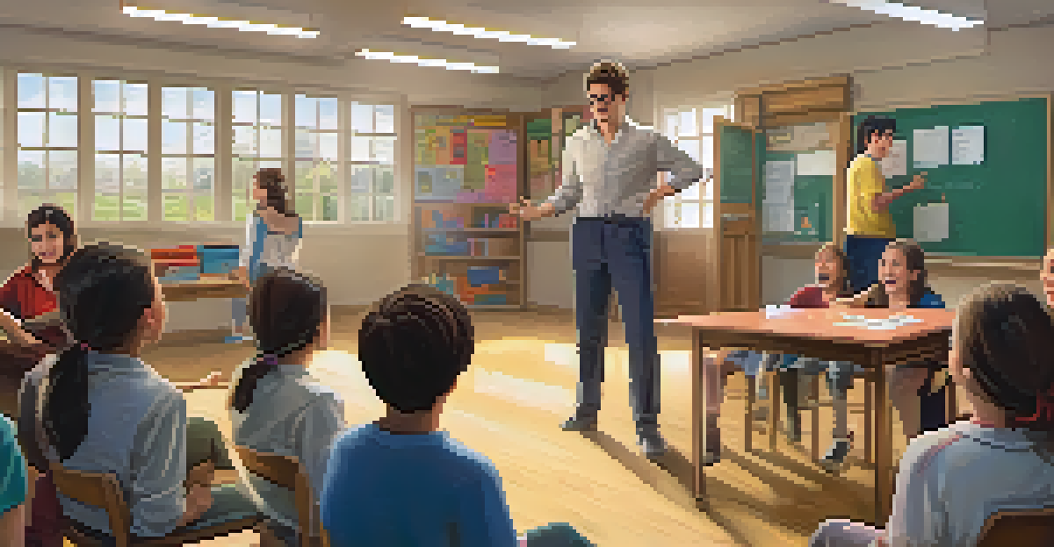 A teacher leading a drama class with students engaged in role-playing, surrounded by theatrical props and displaying various emotions.