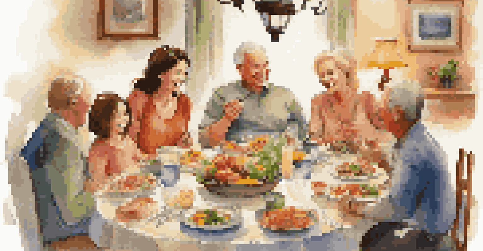 A family sharing a meal at a dinner table, filled with colorful dishes and a warm atmosphere.