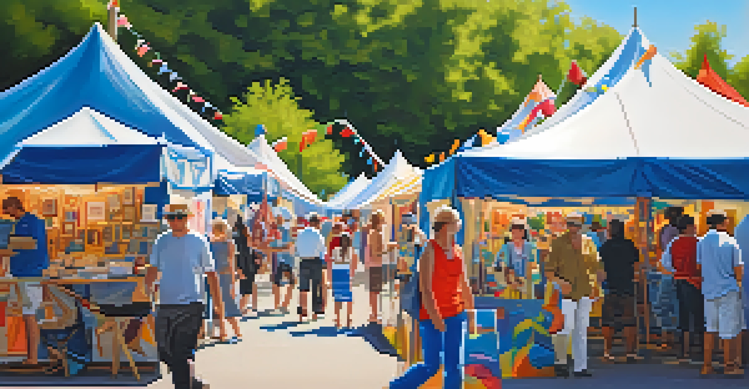 An outdoor art fair with artists displaying their work and visitors enjoying the atmosphere.