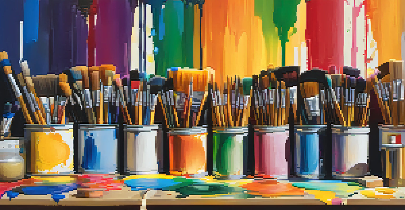 An artist's workspace with various colorful paints, brushes, and canvases under warm lighting, showcasing a creative atmosphere.