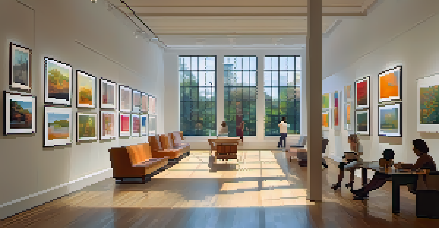A peaceful art gallery filled with colorful paintings and natural light, with visitors enjoying the art.