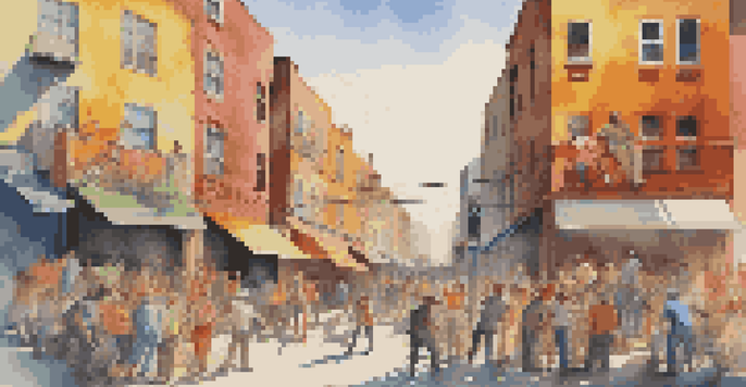 A colorful street scene with diverse artists painting satirical murals on a city wall, showcasing humor in art.