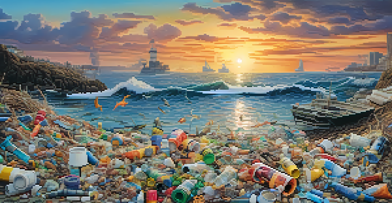 A coastal scene where vibrant marine life is juxtaposed with plastic waste, set against a dramatic sunset sky.