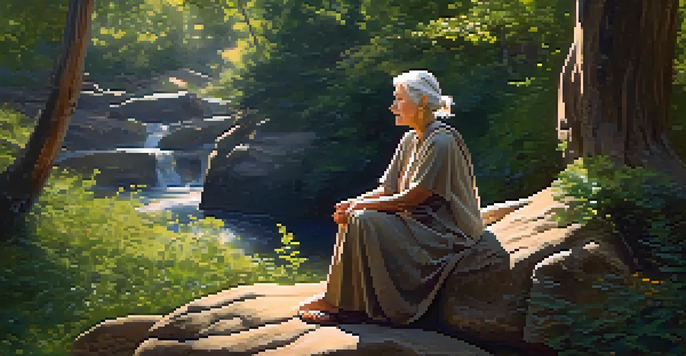 An elderly woman in a forest telling stories to children, surrounded by nature and sunlight.