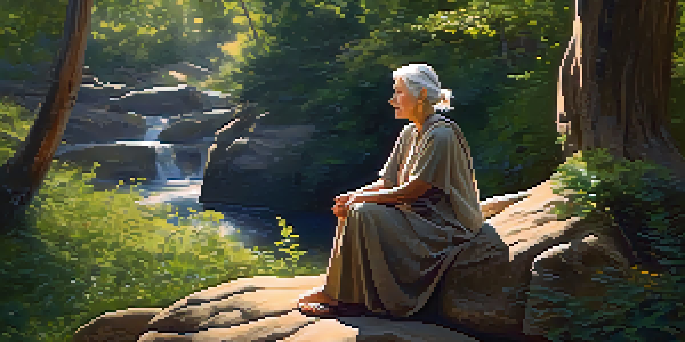 An elderly woman in a forest telling stories to children, surrounded by nature and sunlight.