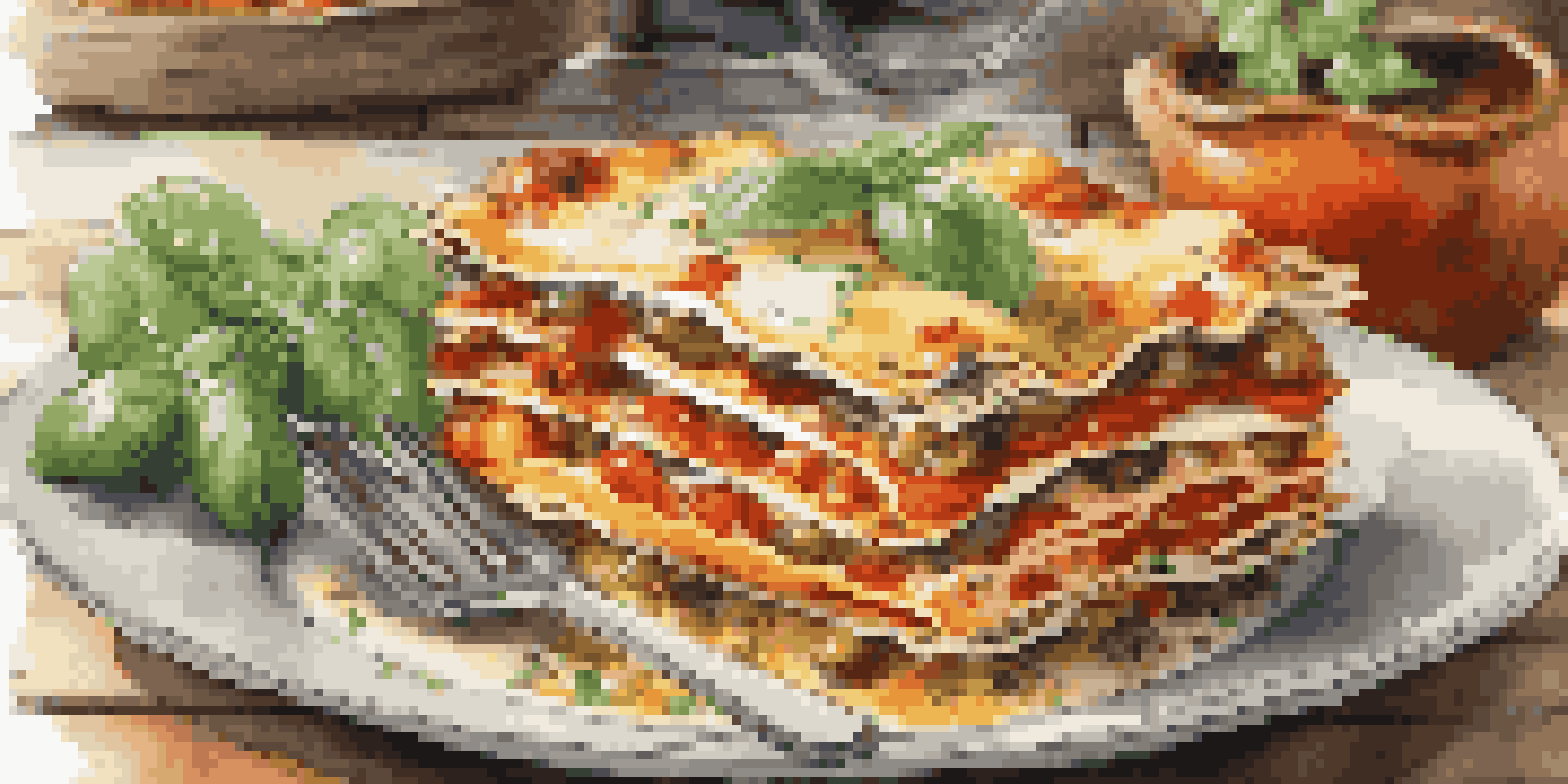 A vibrant and colorful lasagna with roasted vegetables, garnished with basil, displayed on a rustic wooden table in a cozy kitchen setting.