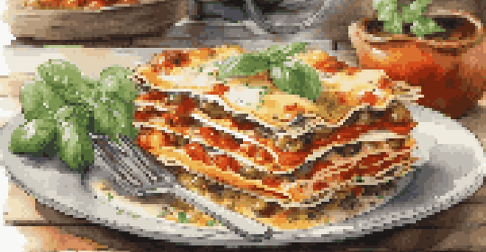 A vibrant and colorful lasagna with roasted vegetables, garnished with basil, displayed on a rustic wooden table in a cozy kitchen setting.