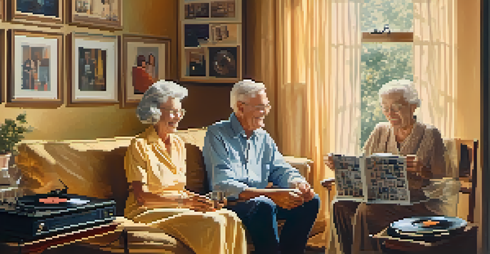 An elderly couple enjoying music together in a sunlit living room, surrounded by photographs and records.