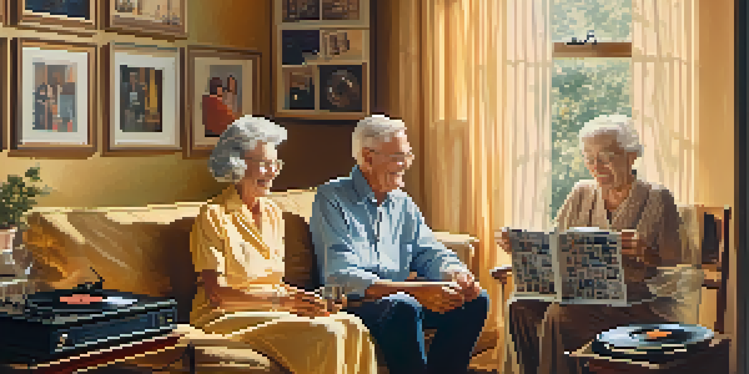 An elderly couple enjoying music together in a sunlit living room, surrounded by photographs and records.