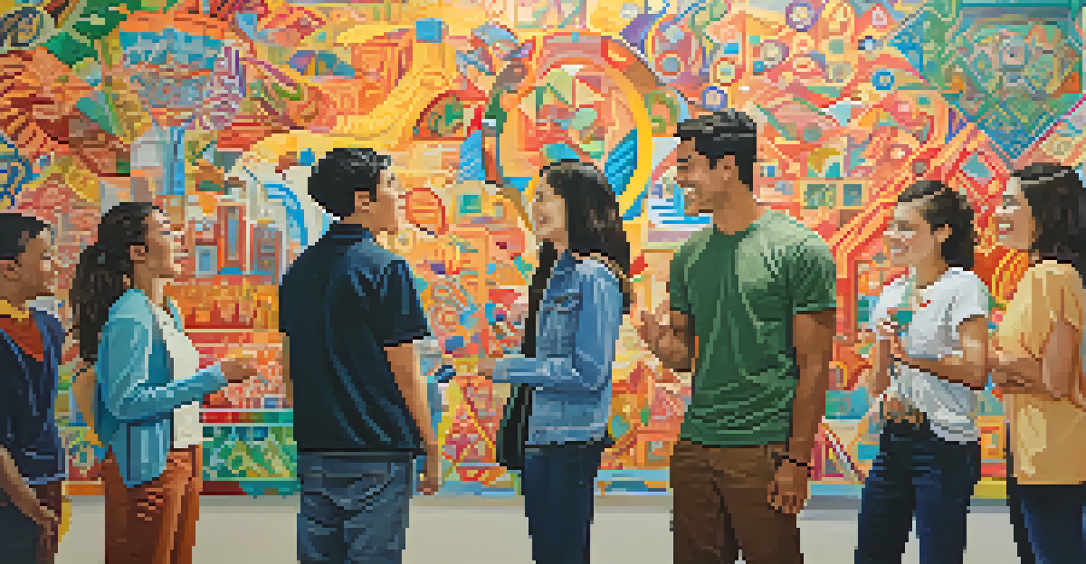 A group of students discussing in front of a colorful mural they created, showcasing cultural symbols and vibrant patterns.