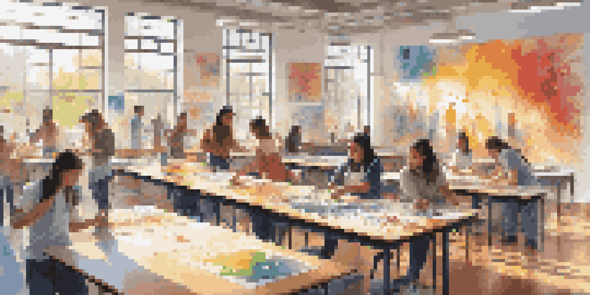 A lively art classroom where students from different backgrounds are working together on a mural, surrounded by colorful artworks and bright sunlight.