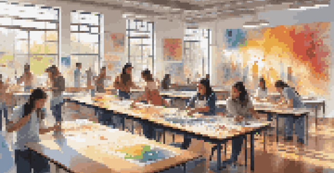 A lively art classroom where students from different backgrounds are working together on a mural, surrounded by colorful artworks and bright sunlight.