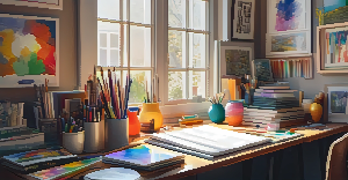 A warm and inviting artist's workspace filled with colorful art materials and natural light.