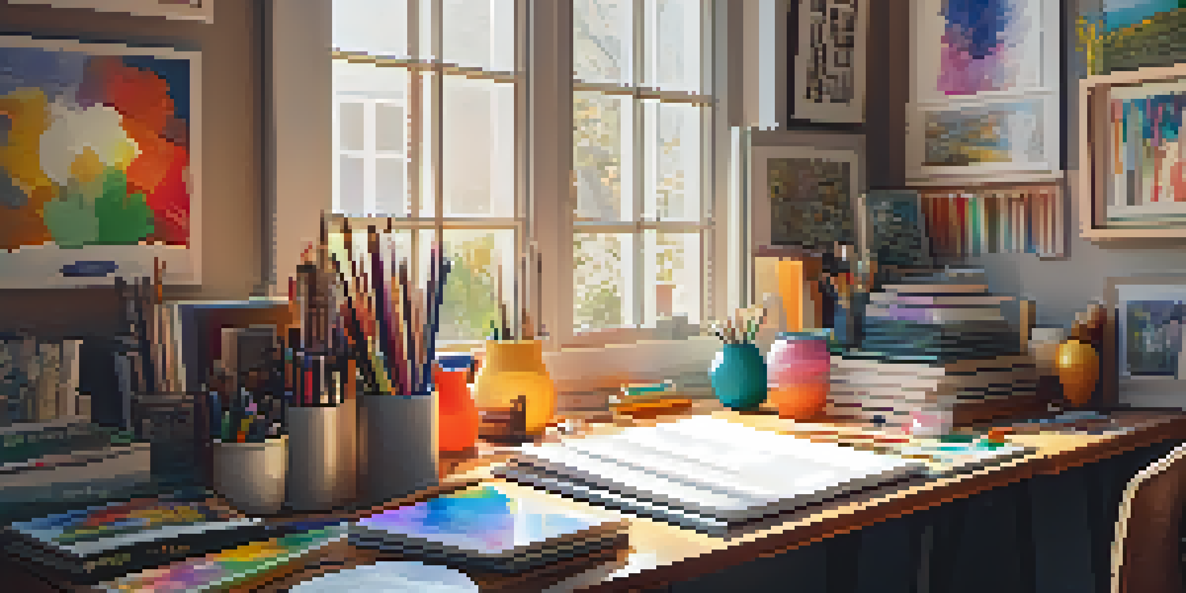 A warm and inviting artist's workspace filled with colorful art materials and natural light.