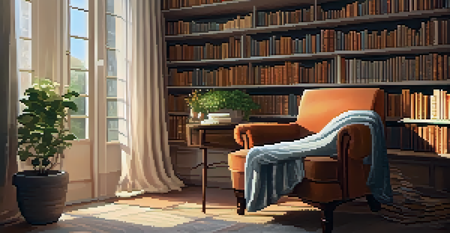 A cozy reading nook with an oversized armchair, a blanket, a mug of tea, and shelves of books.