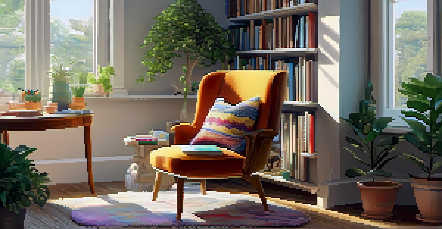 A cozy reading nook by a window with a plush chair, colorful books, and potted plants.