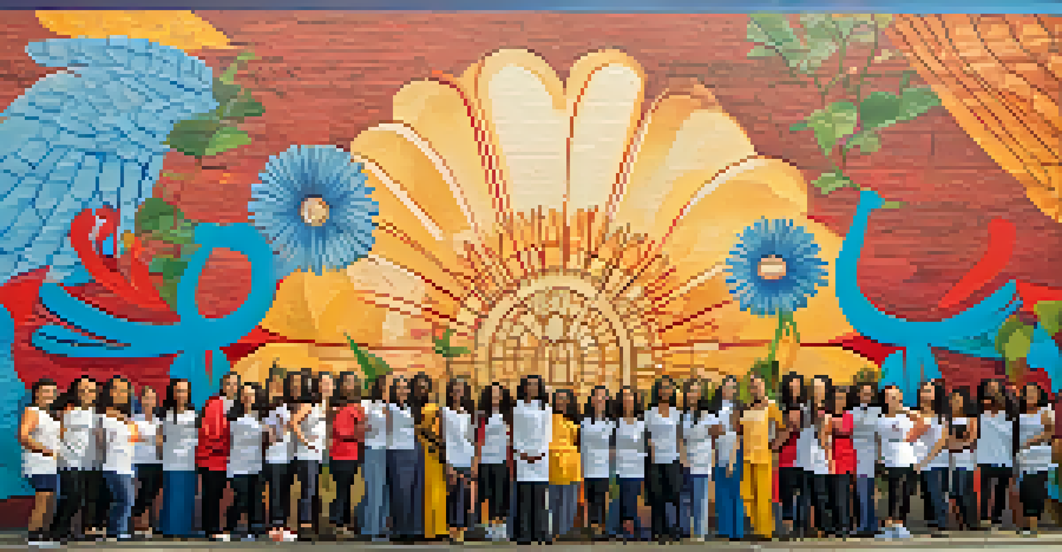 A mural of diverse women standing together, painted on a large wall with vibrant colors and flowers around it.