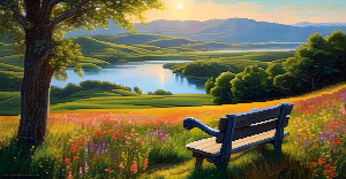 A colorful landscape with hills, flowers, a river, and a wooden bench, illuminated by warm sunlight.