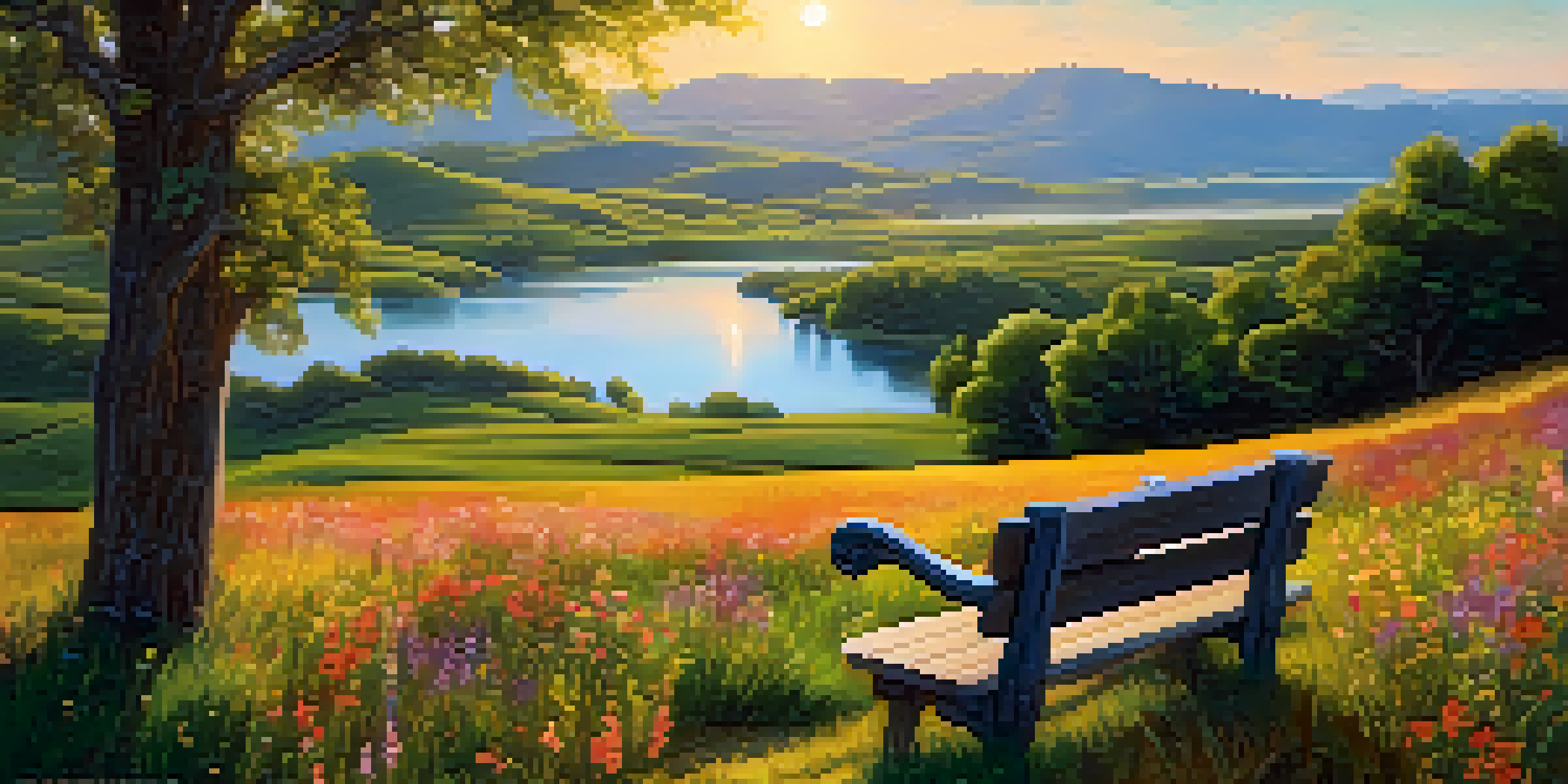 A colorful landscape with hills, flowers, a river, and a wooden bench, illuminated by warm sunlight.