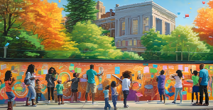 A large interactive mural in a park where people of various ages are writing their hopes and dreams in colorful chalk on a chalkboard wall.