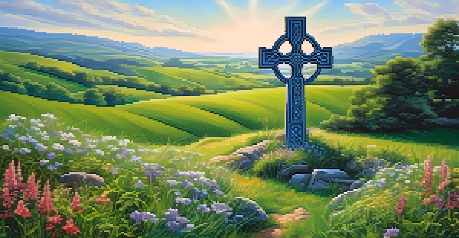 A Celtic cross in a lush landscape with rolling hills and wildflowers, symbolizing harmony between nature and spirituality.