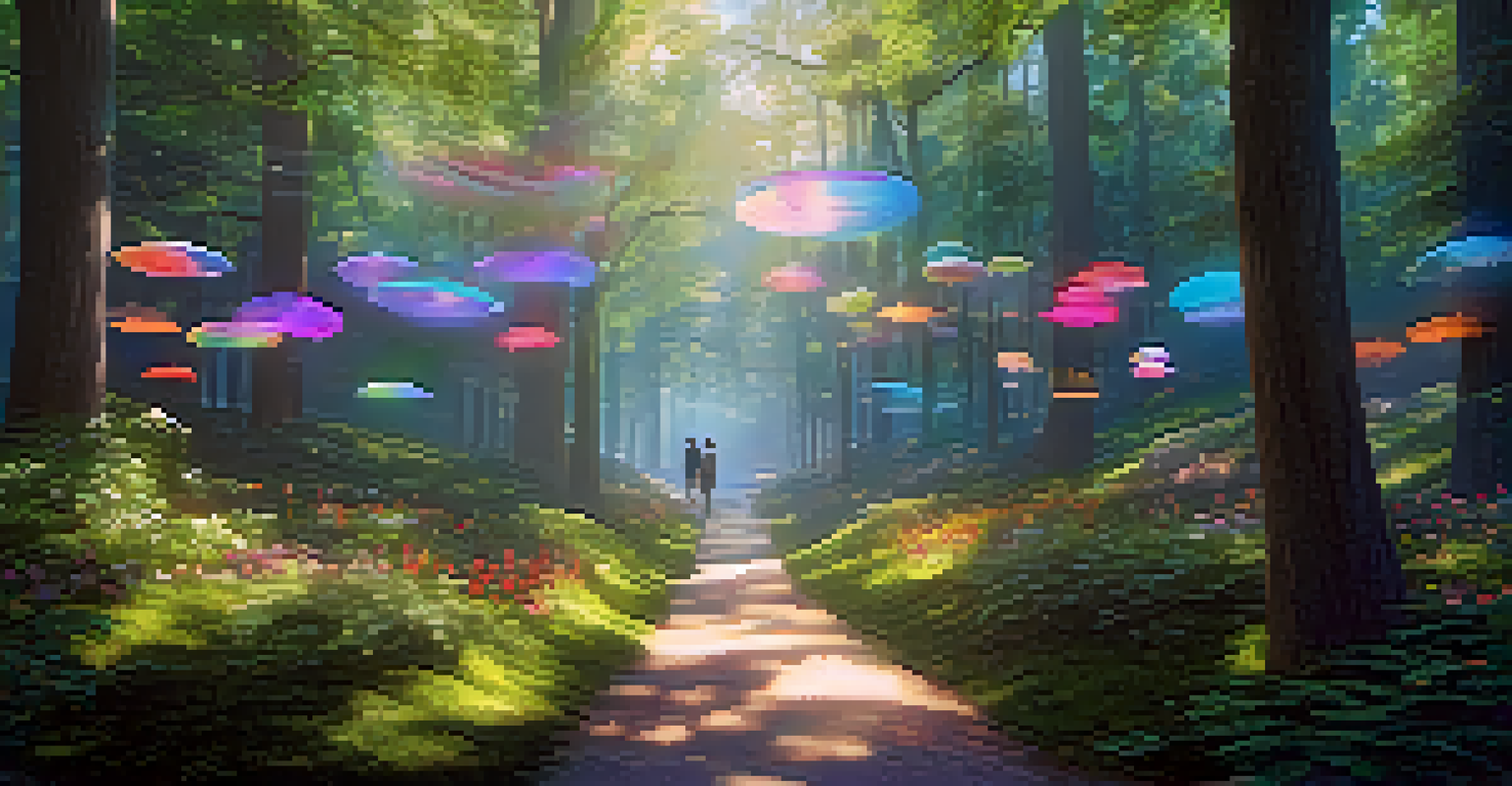 A virtual reality forest filled with interactive art installations and soft sunlight filtering through trees.