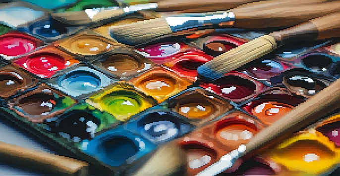 A detailed view of an artist's oil painting palette filled with vibrant colors and a palette knife, with a softly blurred background.