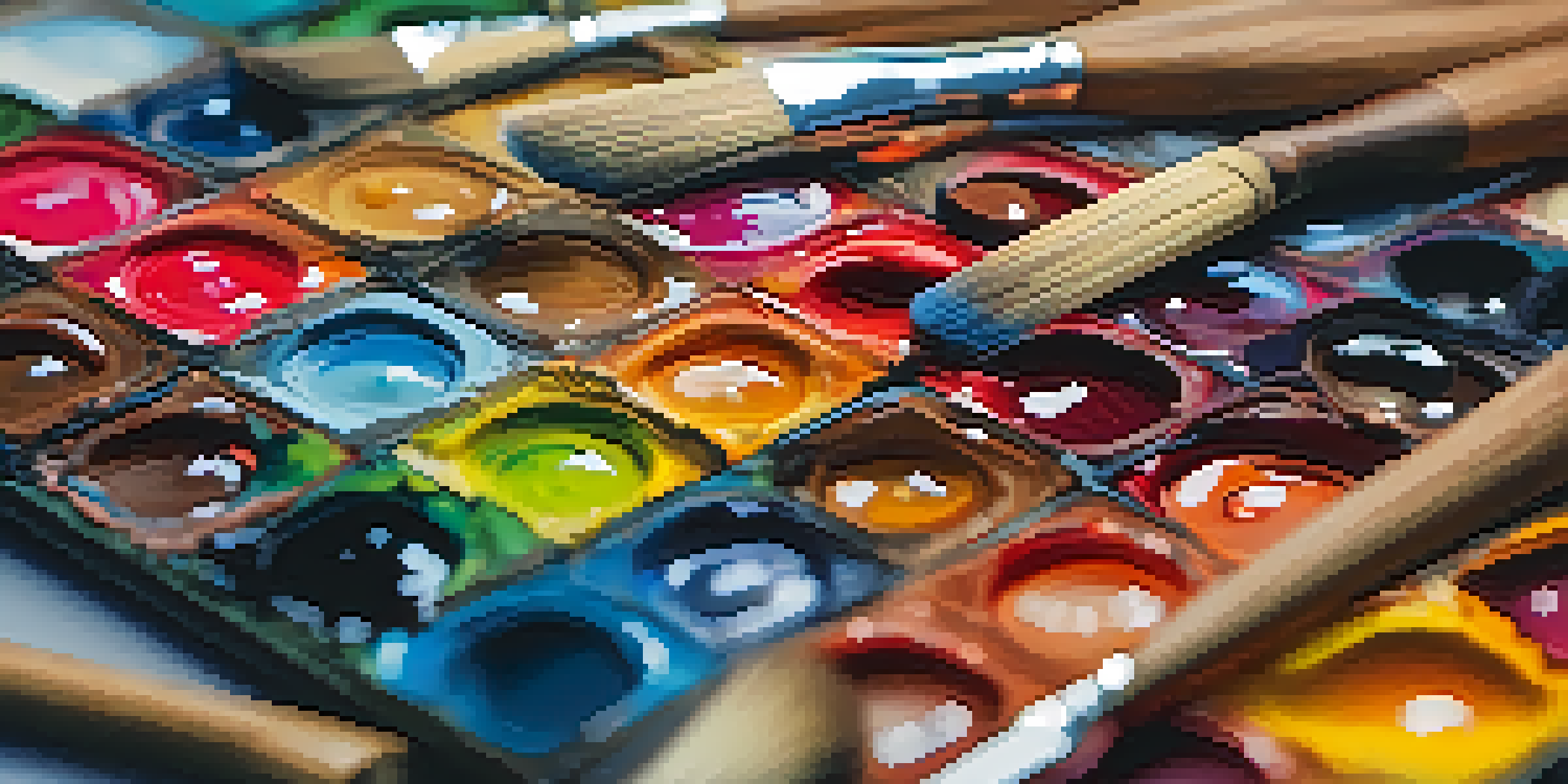A detailed view of an artist's oil painting palette filled with vibrant colors and a palette knife, with a softly blurred background.