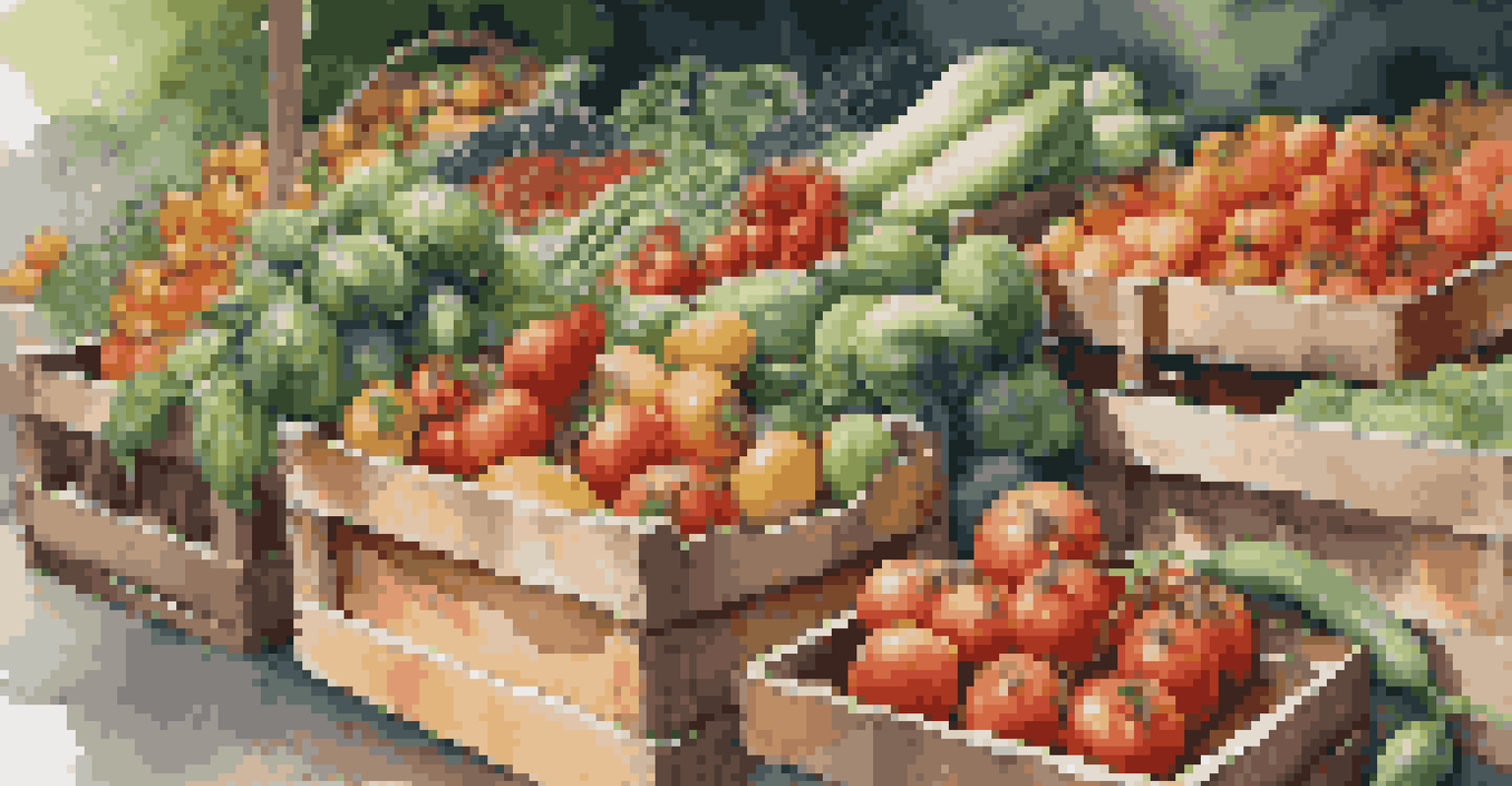 A farmer's market stall filled with colorful seasonal fruits and vegetables under natural sunlight.