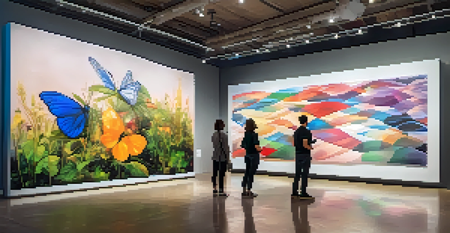 Visitors interacting with an augmented reality art installation in a modern gallery, featuring vibrant colors and digital elements.