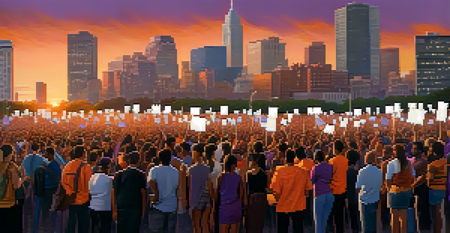 A crowd holding signs for social justice against a sunset backdrop, showcasing determination and hope.