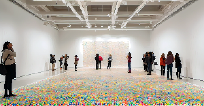 An interactive art installation showing a white room gradually filled with colorful dot stickers, representing community contributions.