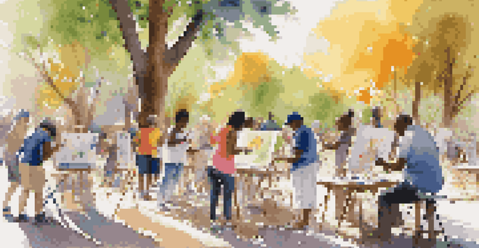 A lively outdoor art workshop with people of various ages painting on canvases, surrounded by colorful art supplies and dappled sunlight.