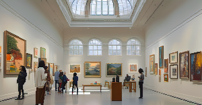 A bright art gallery filled with diverse artworks and a group of visitors discussing art.