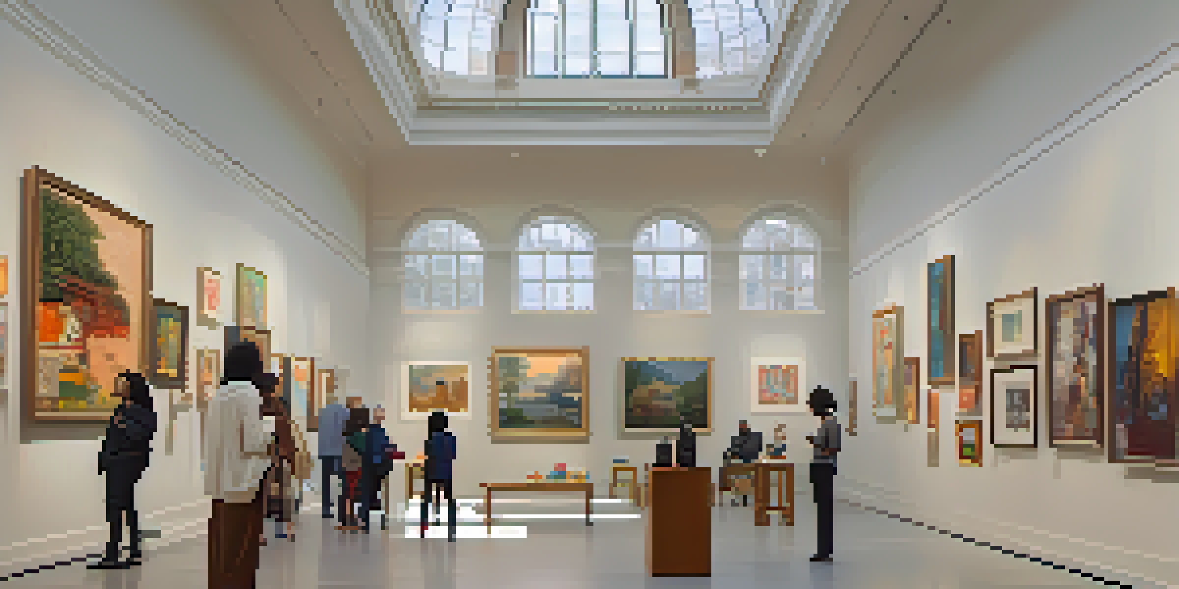 A bright art gallery filled with diverse artworks and a group of visitors discussing art.