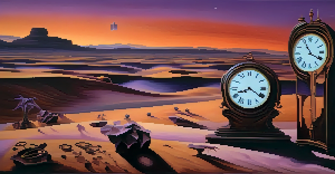 A surreal landscape with melting clocks on a desert, under a twilight sky, depicting the concept of time.