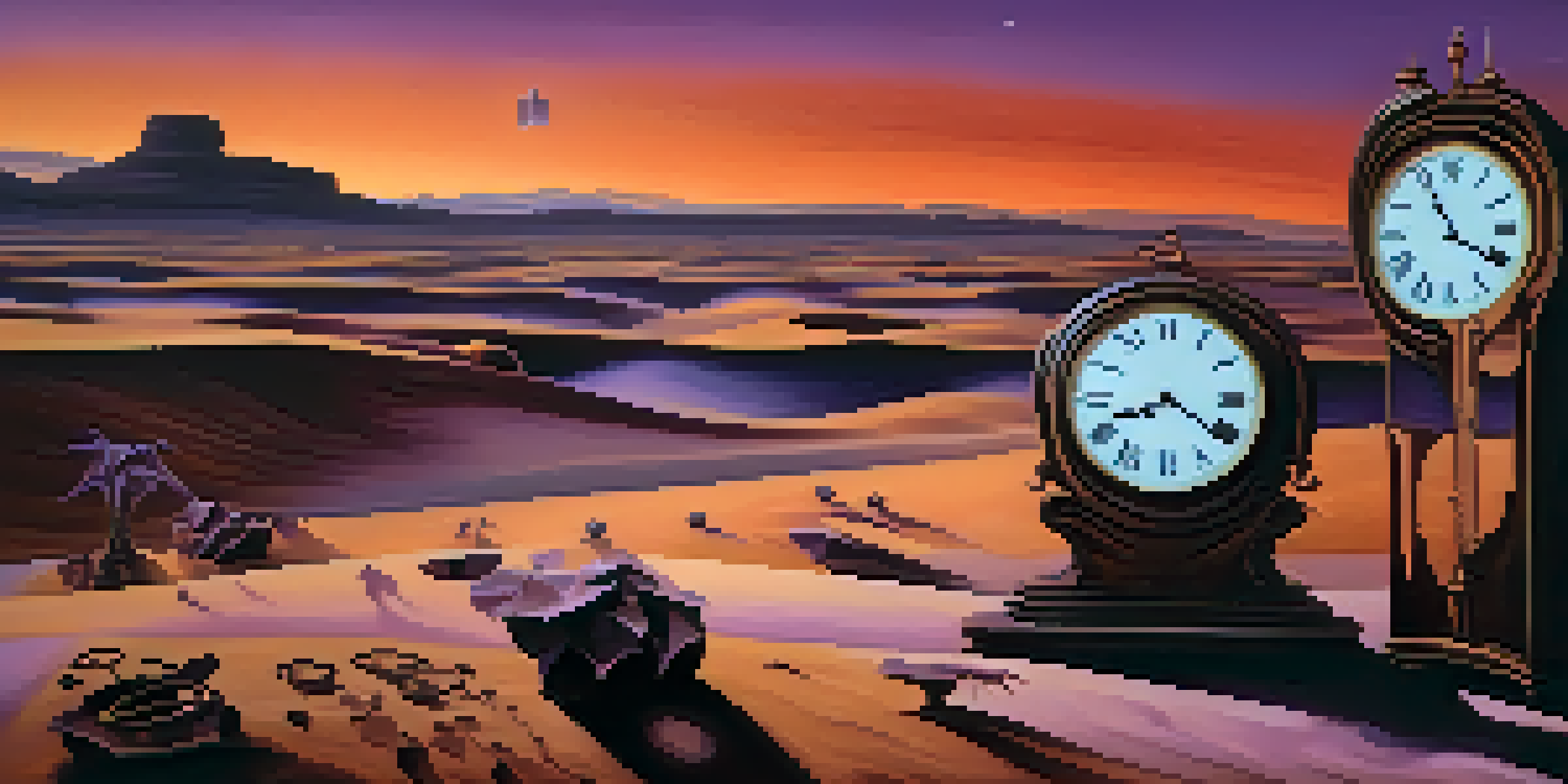 A surreal landscape with melting clocks on a desert, under a twilight sky, depicting the concept of time.