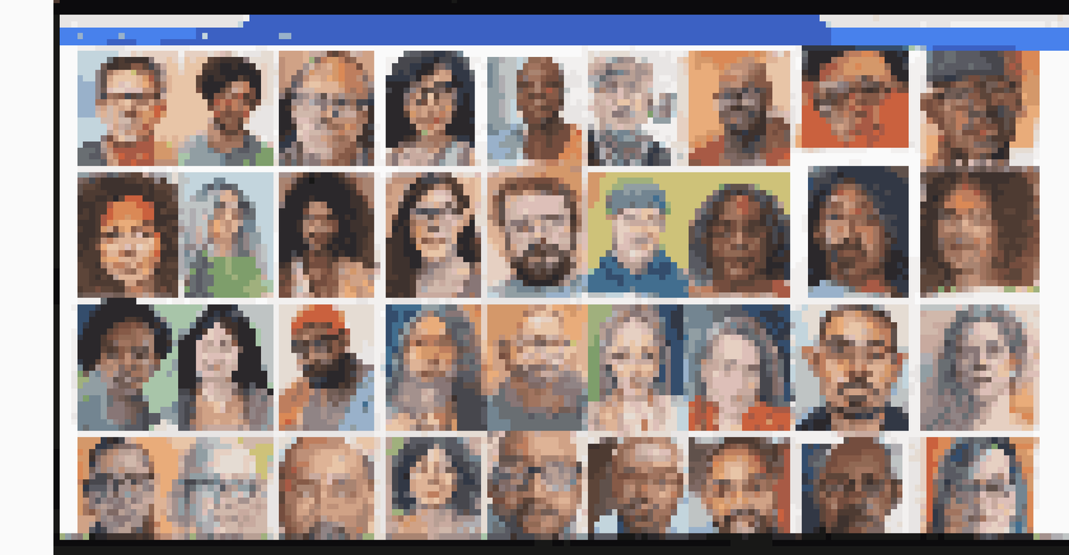 A computer screen displaying diverse artworks from an online art challenge, with artists working in their creative spaces.