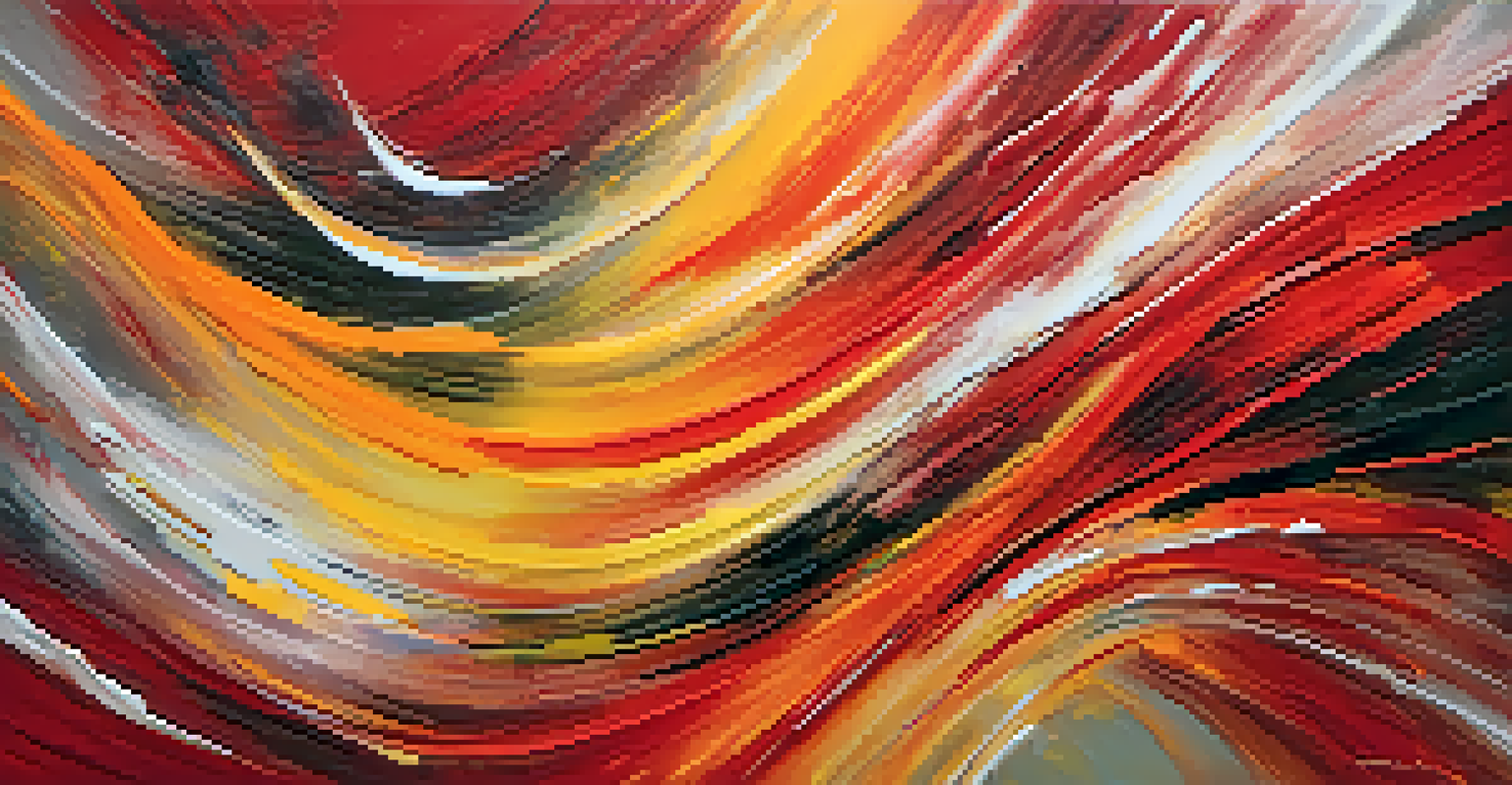 An abstract painting with vibrant reds, oranges, and yellows, featuring dynamic brush strokes that convey excitement and passion, with a rich texture.