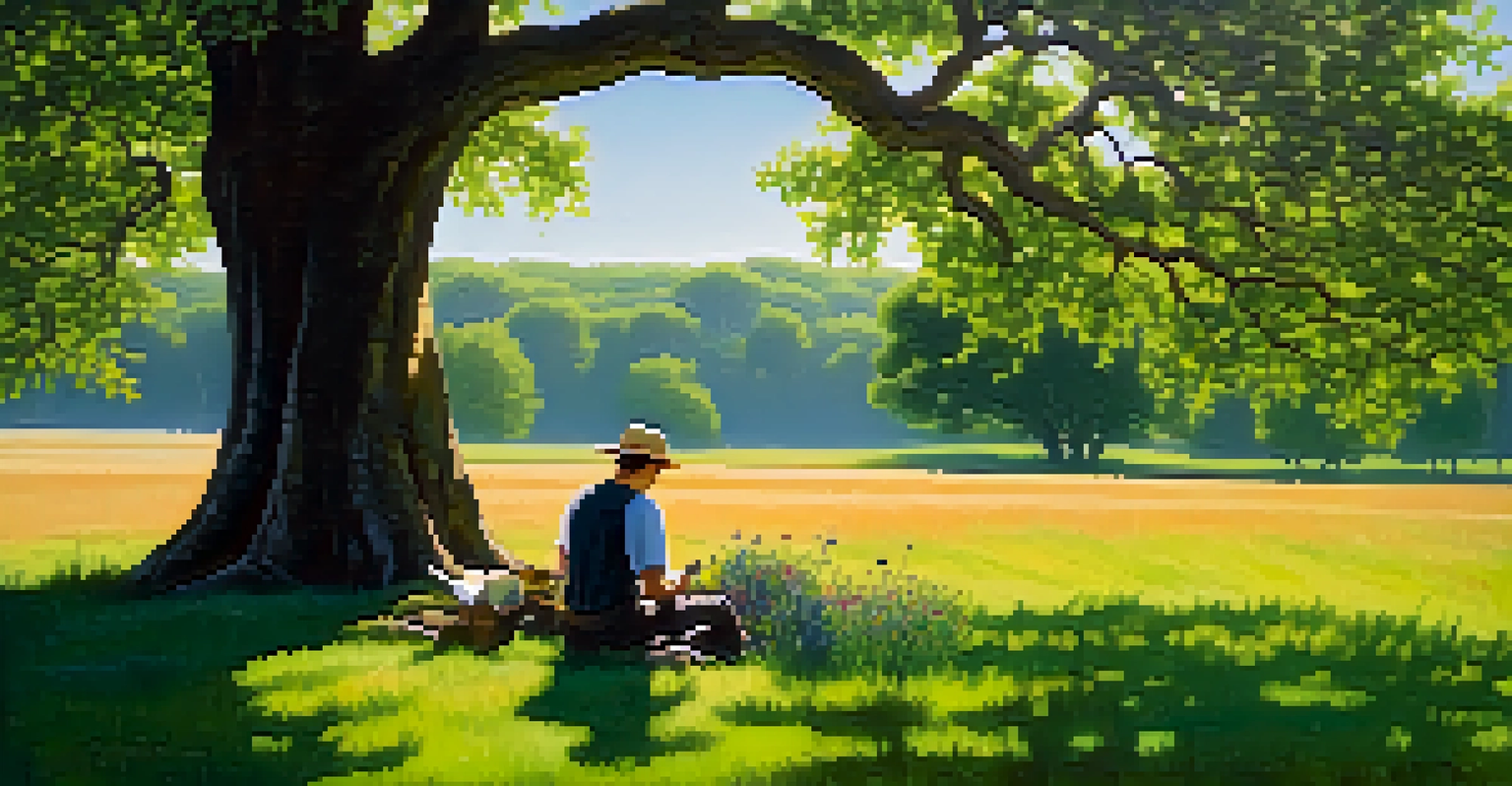 An artist painting in a tranquil countryside setting with wildflowers and an oak tree, illuminated by soft sunlight.