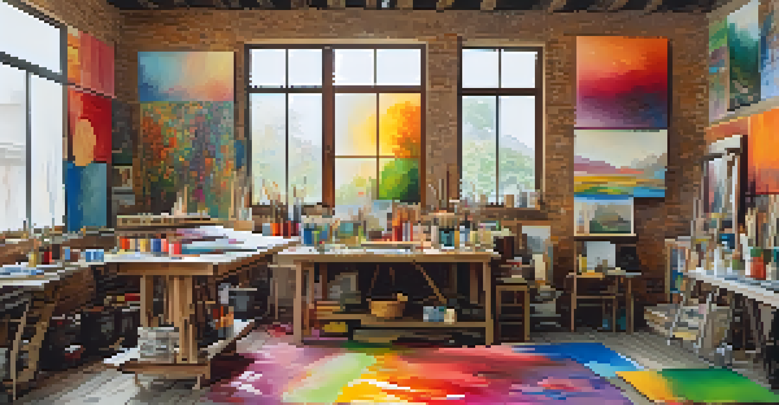 An artist's studio with colorful canvases, natural light, and an array of painting materials on a wooden table.