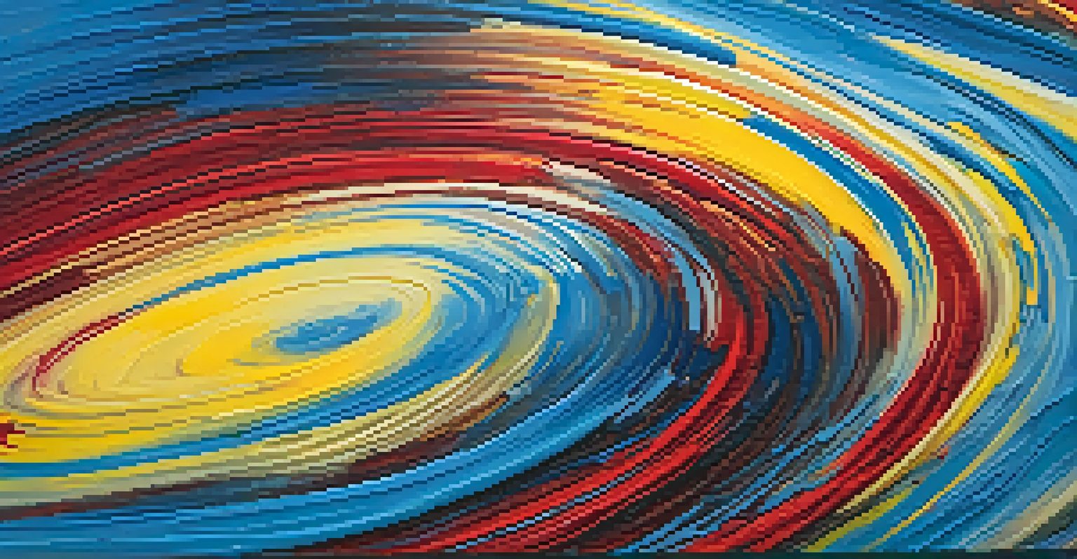 A close-up of an abstract painting with swirling colors and thick brush strokes, highlighting its texture.