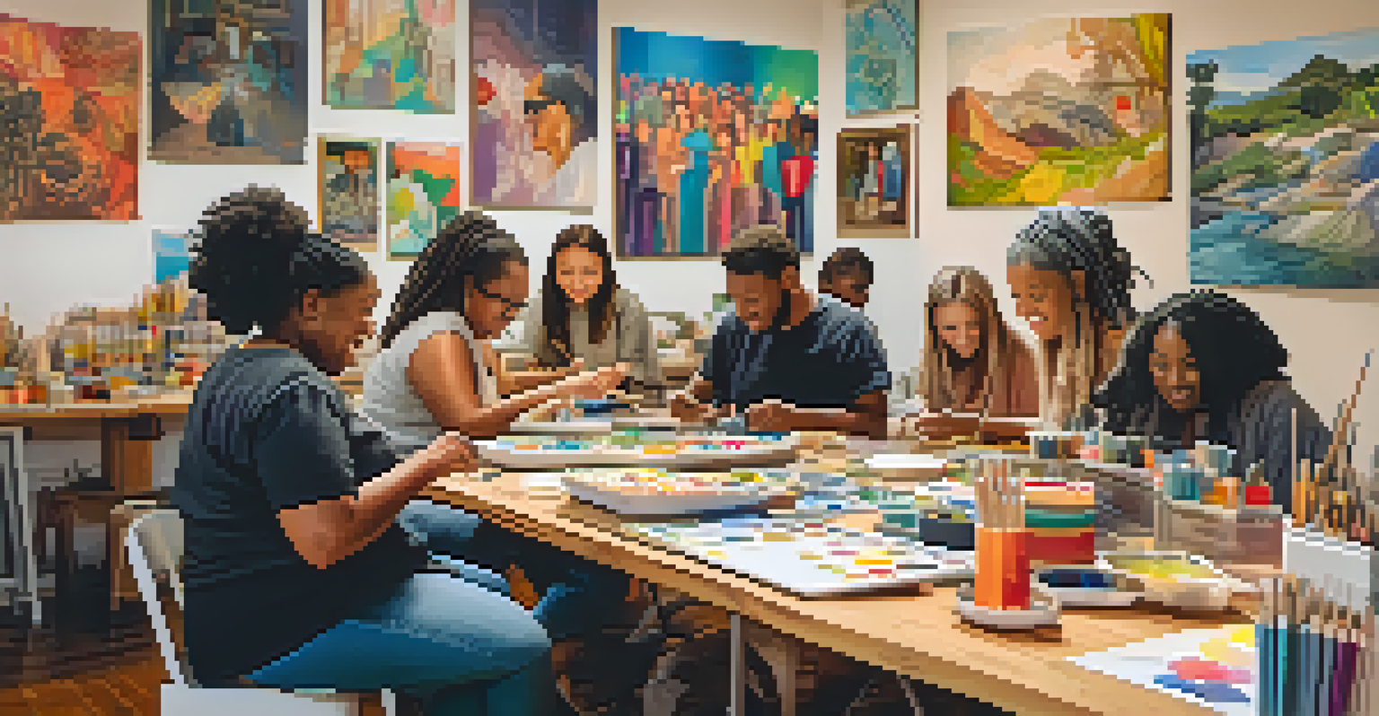 A community art workshop where diverse individuals create art together, showcasing expressions of joy and collaboration in a vibrant atmosphere.