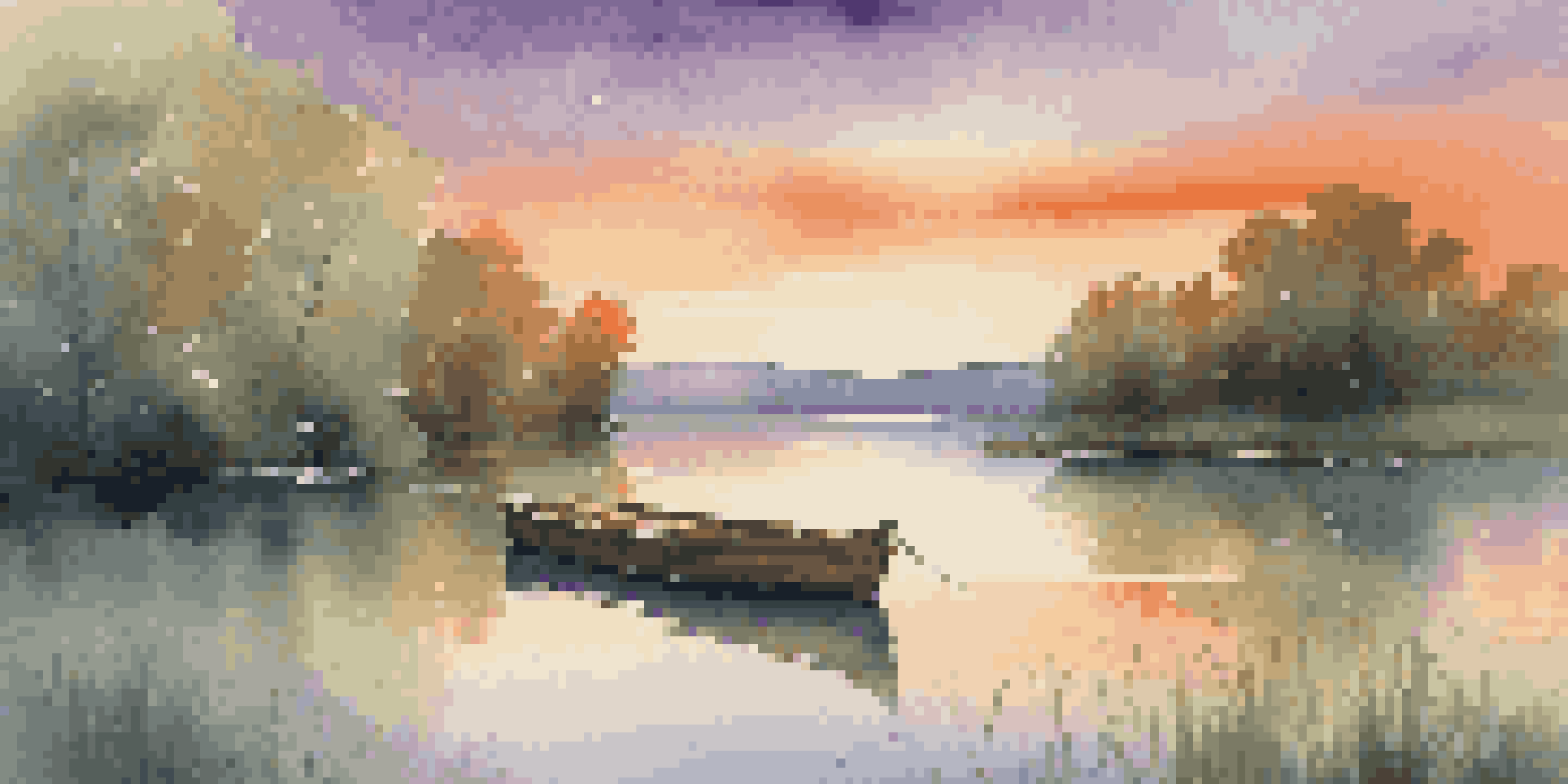 A tranquil lake at sunset with vibrant colors reflecting in the water and a small boat floating.
