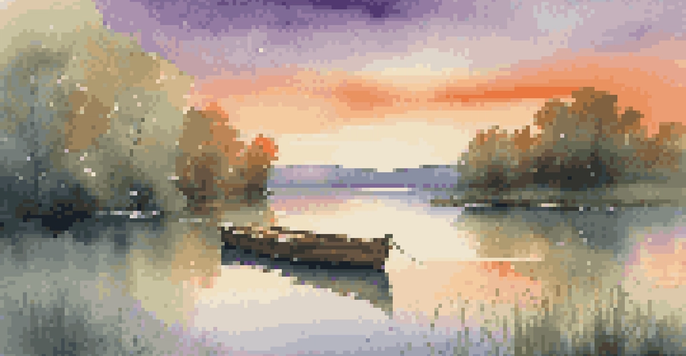 A tranquil lake at sunset with vibrant colors reflecting in the water and a small boat floating.