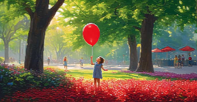 A child in a park making a silly face while holding a red balloon, surrounded by green trees and colorful flowers in sunny weather.